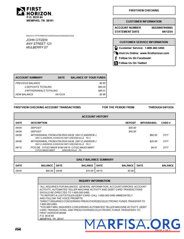 Realistic USA Tennessee First Horizon bank statement word template